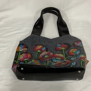 SUKRITI Black 100% Genuine Leather Hand Painted Flower Bag with Detachable Strap